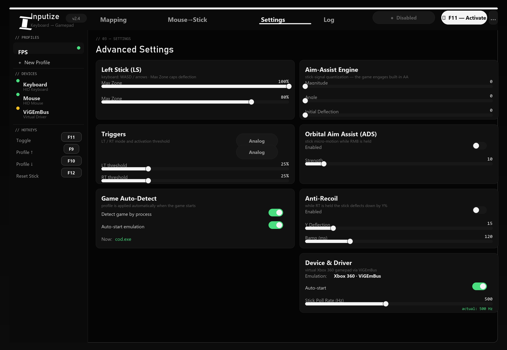 Settings tab — advanced profile settings